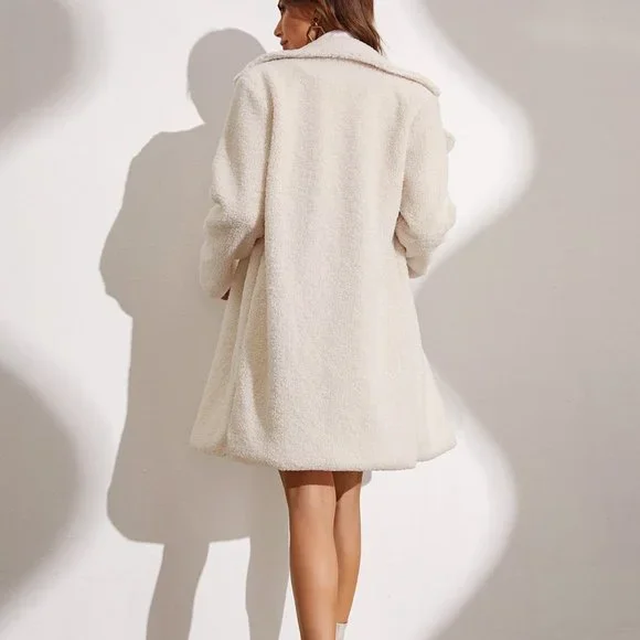 Apricot Preppy Womens Lapel Neck Single Breasted Teddy Coat - Picture 2 of 5